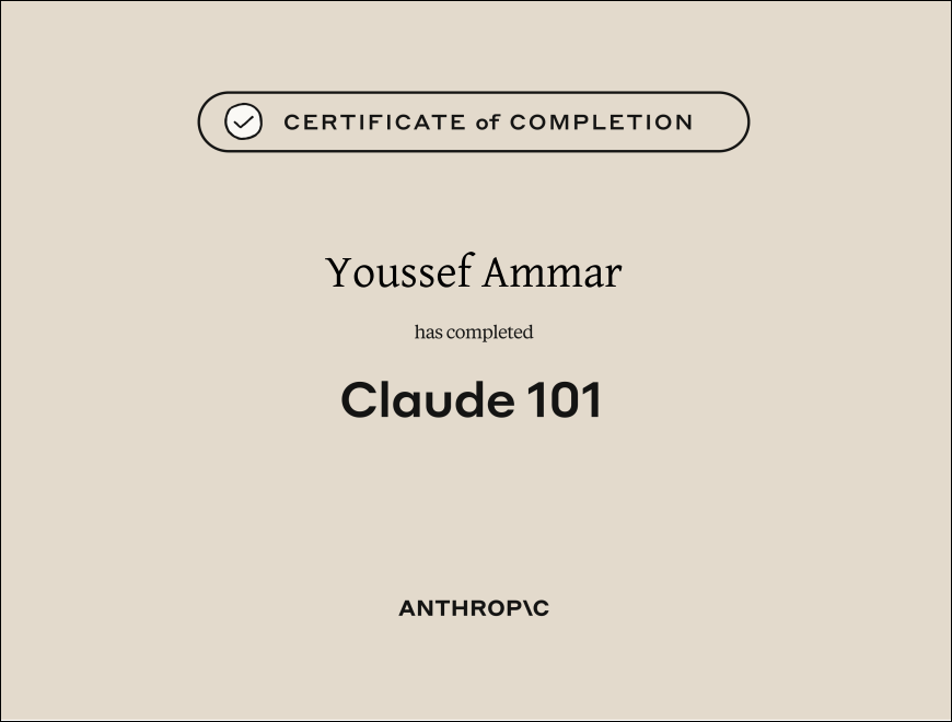 Claude 101 Course Completion Certificate