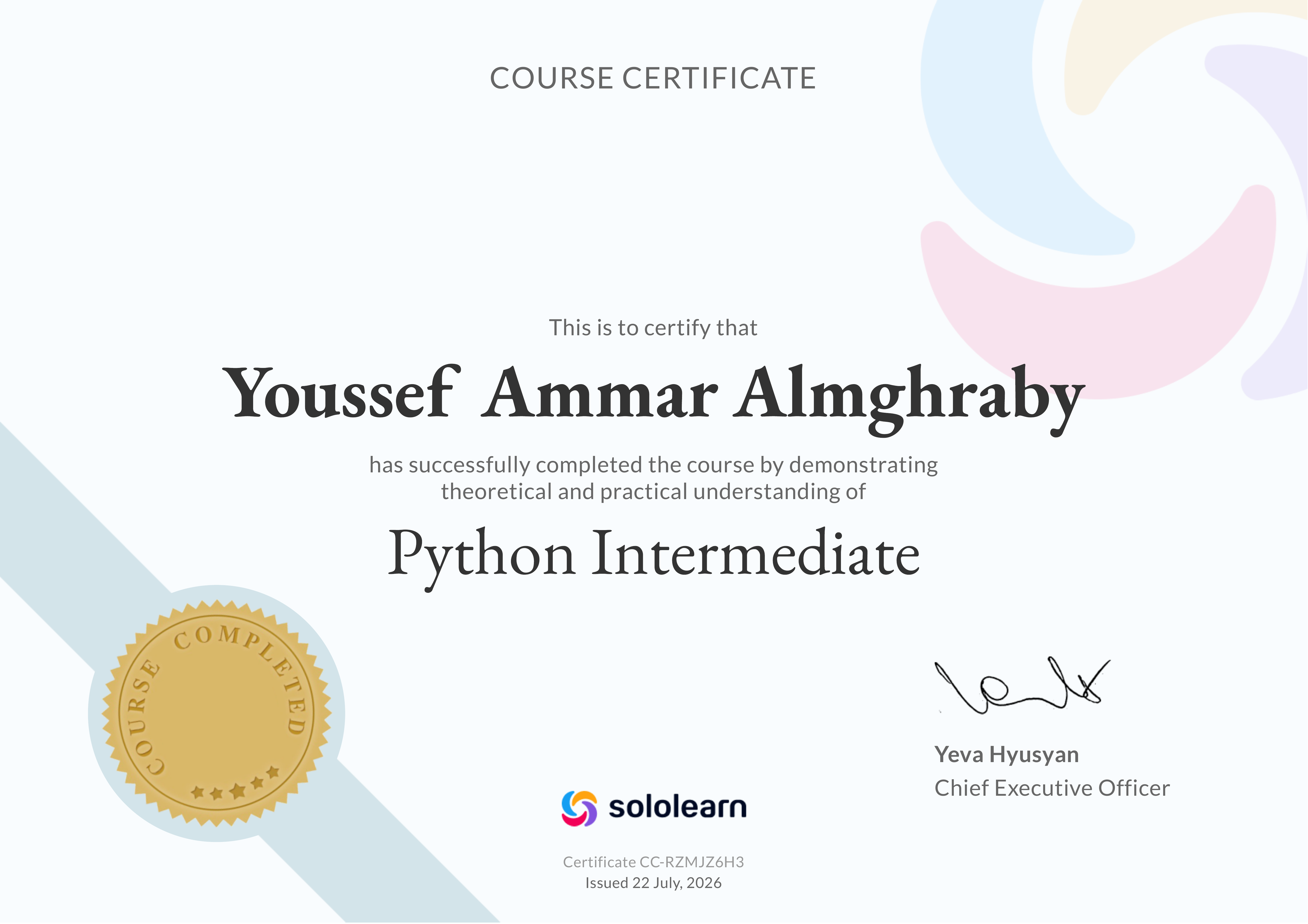 Python Intermediate Course Completion Certificate